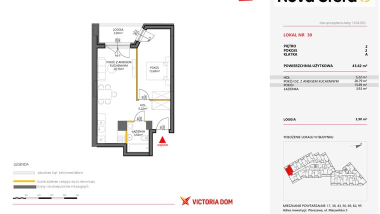 Rzut - Mieszkanie na sprzedaż 2 pokoje o powierzchni 43,62 m² - numer 30 w Miasteczko Nova Sfera 5