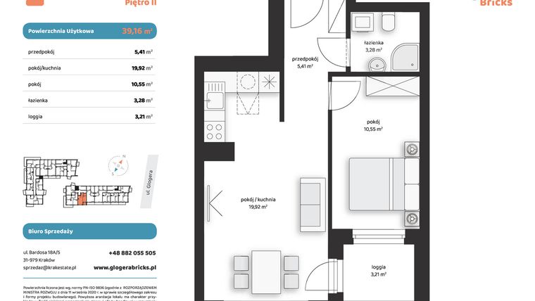 Rzut - Mieszkanie na sprzedaż 2 pokoje o powierzchni 39,16 m² - numer M II.2.2 w Glogera Bricks