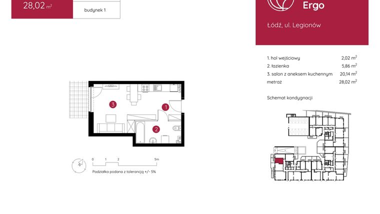 Rzut - Mieszkanie na sprzedaż 1 pokój o powierzchni 28,02 m² - numer 1.A.0.05 w Murapol Ergo