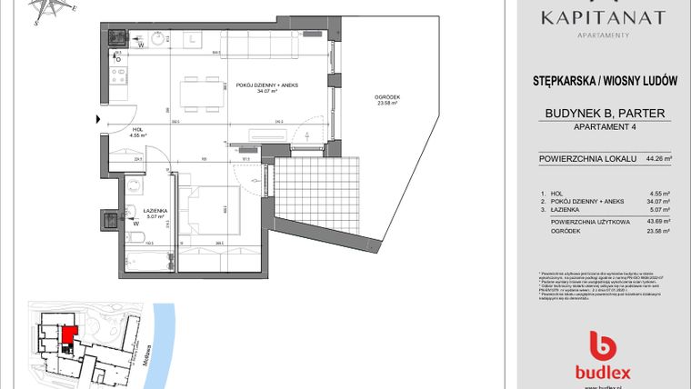 Rzut - Mieszkanie na sprzedaż 2 pokoje o powierzchni 44,26 m² - numer 4.B w Kapitanat Apartamenty