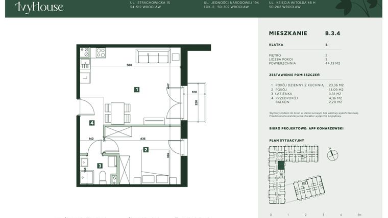 Rzut - Mieszkanie na sprzedaż 2 pokoje o powierzchni 44,13 m² - numer B.3.4 w IVY HOUSE