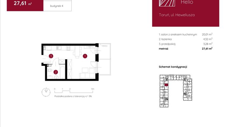 Rzut - Mieszkanie na sprzedaż 1 pokój o powierzchni 27,61 m² - numer 4.B.1.02 w Murapol Helio bud. 1 i 4