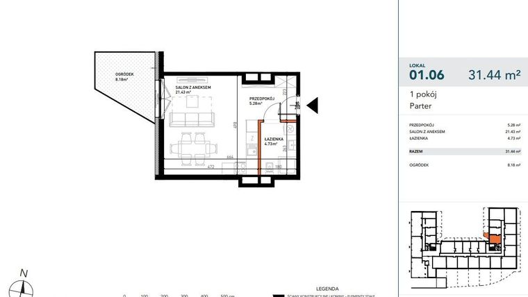 Rzut - Mieszkanie na sprzedaż 1 pokój o powierzchni 31,3 m² - numer 01.06 w Czysta 4
