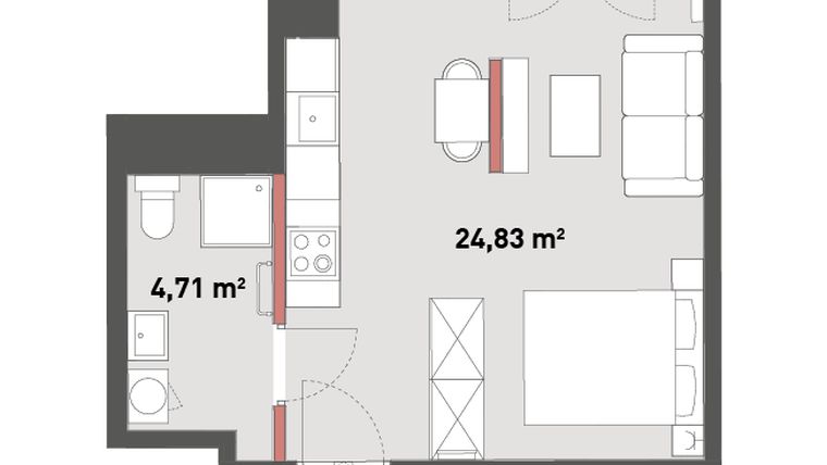 Rzut - Mieszkanie na sprzedaż 1 pokój o powierzchni 29,54 m² - numer A.02.01 w Żelazna 54