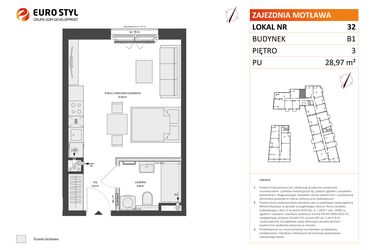 Rzut - Mieszkanie na sprzedaż 1 pokój o powierzchni 28,97 m² - numer B1.32 w Zajezdnia Motława