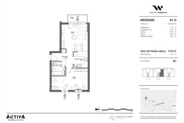 Rzut - Mieszkanie na sprzedaż 2 pokoje o powierzchni 52,64 m² - numer B1.15 w Tarasy Wierzycy
