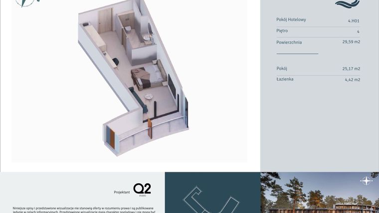 Rzut - Mieszkanie na sprzedaż 1 pokój o powierzchni 29,59 m² - numer 4.H01 w Linea Mare - apartamenty inwestycyjne