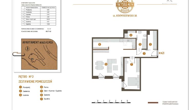 Rzut - Mieszkanie na sprzedaż 2 pokoje o powierzchni 68,77 m² - numer B1.B2.P2.M21 w Faktoria Młyn