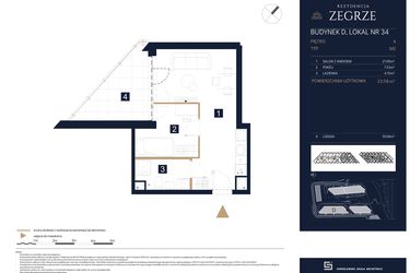 Rzut - Mieszkanie na sprzedaż 1 pokój o powierzchni 33,58 m² - numer D34 w Rezydencja Zegrze etap III