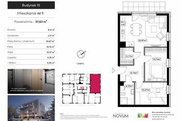 Rzut - Mieszkanie na sprzedaż 3 pokoje o powierzchni 57,63 m² - numer M1 w Novum Rumia - bud. 15
