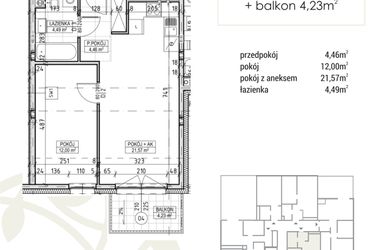Rzut - Mieszkanie na sprzedaż 2 pokoje o powierzchni 42,52 m² - numer A1.03.26 w Zakątek Flora