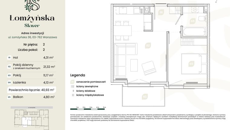 Rzut - Mieszkanie na sprzedaż 2 pokoje o powierzchni 40,93 m² - numer 6 w Łomżyńska Skwer