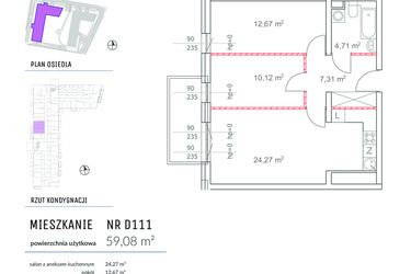 Rzut - Mieszkanie na sprzedaż 3 pokoje o powierzchni 59,08 m² - numer D111 w Osiedle Impresja 2