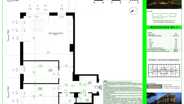 Rzut - Mieszkanie na sprzedaż 3 pokoje o powierzchni 65,38 m² - numer 3.9. w City Park Apartments