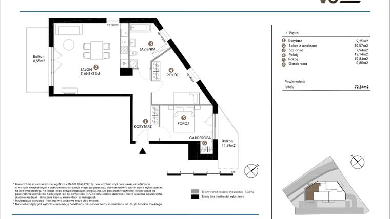 Rzut - Mieszkanie na sprzedaż 3 pokoje o powierzchni 72,84 m² - numer 1.4-M3 w NOVO 30