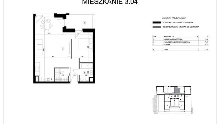 Rzut - Mieszkanie na sprzedaż 2 pokoje o powierzchni 57 m² - numer M3.04 w Verde Casa