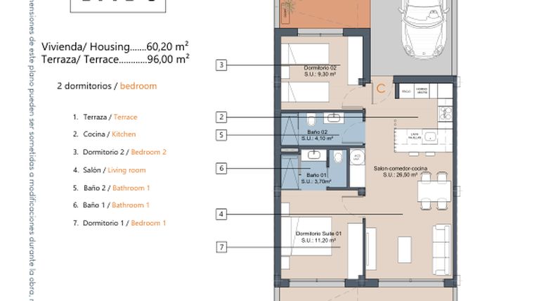 Rzut - Mieszkanie na sprzedaż 2 pokoje o powierzchni 60,2 m² - numer 1.0.C w LA Sunrise - Los Alcázares