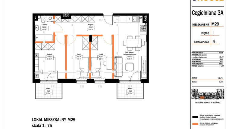 Rzut - Mieszkanie na sprzedaż 4 pokoje o powierzchni 62,71 m² - numer 29 w Osiedle StaLove etap II