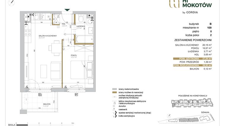 Rzut - Mieszkanie na sprzedaż 2 pokoje o powierzchni 37,54 m² - numer A1.B.109 w Hi Mokotów