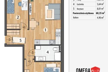 Rzut - Mieszkanie na sprzedaż 3 pokoje o powierzchni 60,35 m² - numer G4-04 w Smolec pod Wrocławem Dobry Deweloper Milo