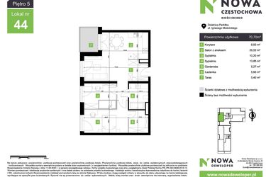 Rzut - Mieszkanie na sprzedaż 3 pokoje o powierzchni 70,7 m² - numer M44 w Nowa Częstochowa Mościckiego