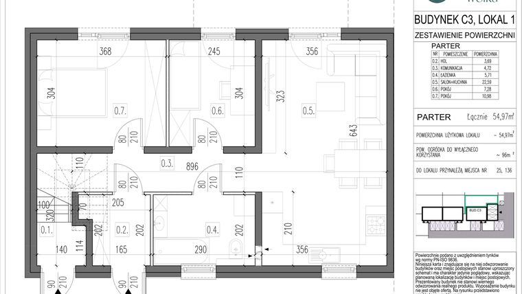 Rzut - Mieszkanie na sprzedaż 3 pokoje o powierzchni 54,97 m² - numer C3/1 w Spokojna Wólka etap III