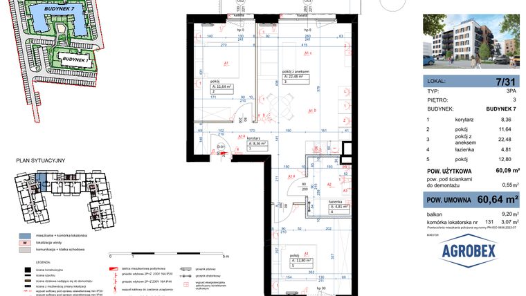 Rzut - Mieszkanie na sprzedaż 3 pokoje o powierzchni 60,64 m² - numer 7/31 w Nove Garby