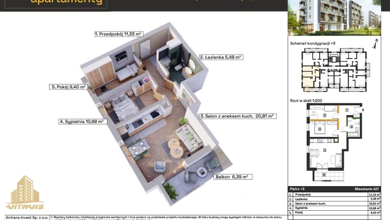 Rzut - Mieszkanie na sprzedaż 3 pokoje o powierzchni 57,7 m² - numer A21 w Osiedle Wełnowe Apartamenty