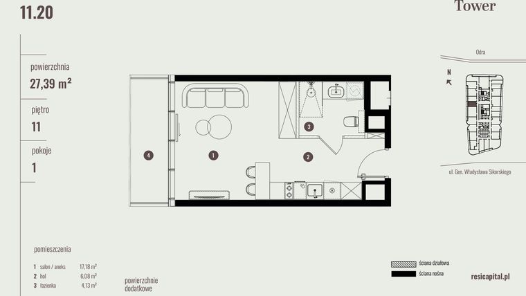 Rzut - Mieszkanie na sprzedaż 1 pokój o powierzchni 27,39 m² - numer 11.20 w Quorum Tower