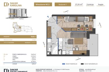 Rzut - Mieszkanie na sprzedaż 2 pokoje o powierzchni 37,24 m² - numer 23 w Osiedle Dakar Karolina