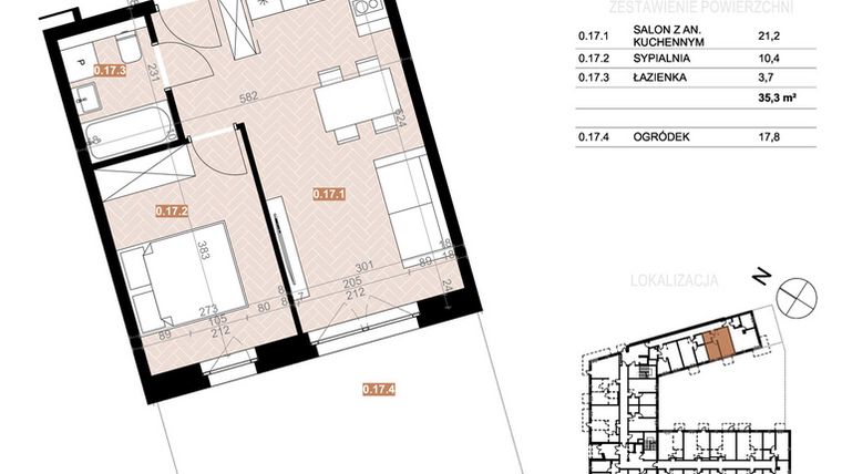 Rzut - Mieszkanie na sprzedaż 2 pokoje o powierzchni 35,3 m² - numer 017 w Szczecińska 20