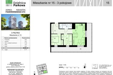 Rzut - Mieszkanie na sprzedaż 3 pokoje o powierzchni 48,59 m² - numer 15/B8 w Dzielnica Parkowa VIII