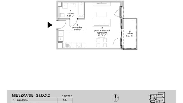 Rzut - Mieszkanie na sprzedaż 1 pokój o powierzchni 35,93 m² - numer S1.D.3.2 w ATAL Idea Swarzędz II