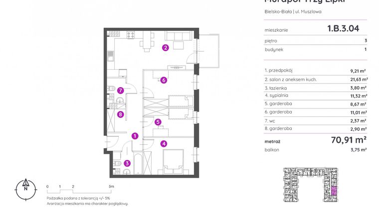 Rzut - Mieszkanie na sprzedaż 2 pokoje o powierzchni 70,91 m² - numer 1.B.3.04 w Murapol Trzy Lipki