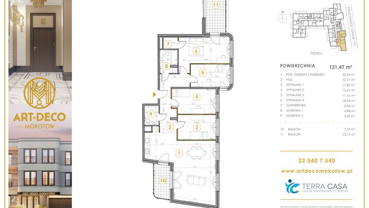 Rzut - Mieszkanie na sprzedaż 5 pokoi o powierzchni 121,47 m² - numer M07 w Art Deco Mokotów Pola