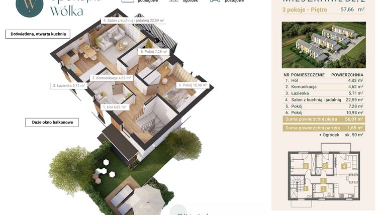 Rzut - Mieszkanie na sprzedaż 3 pokoje o powierzchni 57,66 m² - numer D2/2 w Spokojna Wólka etap IV