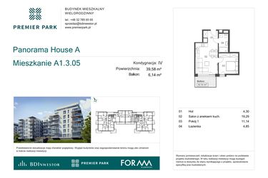Rzut - Mieszkanie na sprzedaż 2 pokoje o powierzchni 39,58 m² - numer A1.3.05 w Premier Park II
