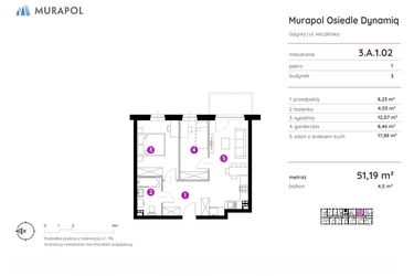 Rzut - Mieszkanie na sprzedaż 2 pokoje o powierzchni 51,19 m² - numer 3.A.1.02 w Murapol Osiedle Dynamiq