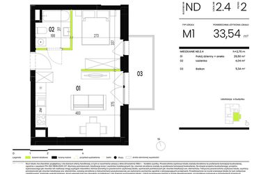 Rzut - Mieszkanie na sprzedaż 1 pokój o powierzchni 33,54 m² - numer ND.2.4 w Ogrody Staromiejskie