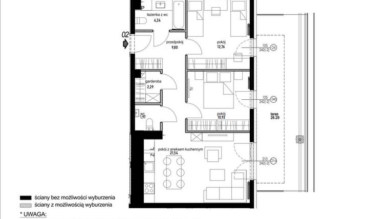 Rzut - Mieszkanie na sprzedaż 3 pokoje o powierzchni 65,7 m² - numer B7.02 w Andromeda
