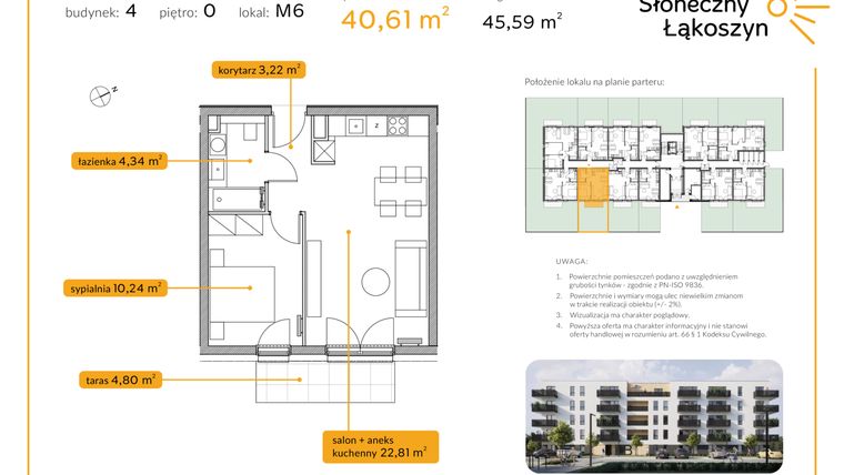 Rzut - Mieszkanie na sprzedaż 2 pokoje o powierzchni 40,61 m² - numer 4/M/0/6 w Osiedle Słoneczny Łąkoszyn bud. 4