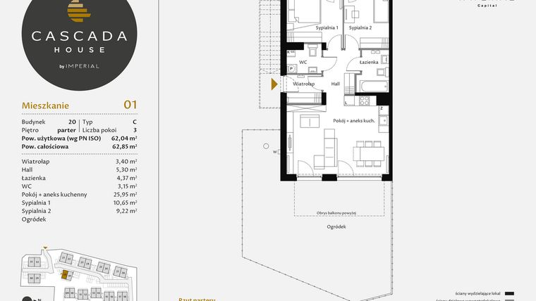 Rzut - Mieszkanie na sprzedaż 3 pokoje o powierzchni 62,24 m² - numer 20.1 w CASCADA House