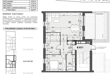 Rzut - Mieszkanie na sprzedaż 3 pokoje o powierzchni 66,66 m² - numer EC1 w Wzgórze Zelwerowicza