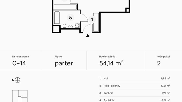 Rzut - Mieszkanie na sprzedaż 2 pokoje o powierzchni 54,14 m² - numer 0-14 w Pączka 1