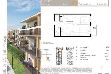 Rzut - Mieszkanie na sprzedaż 2 pokoje o powierzchni 51,41 m² - numer A.47 w Poezji