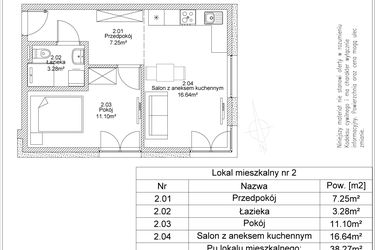 Rzut - Mieszkanie na sprzedaż 2 pokoje o powierzchni 38,27 m² - numer 2 w Apartamenty Jasińskiego