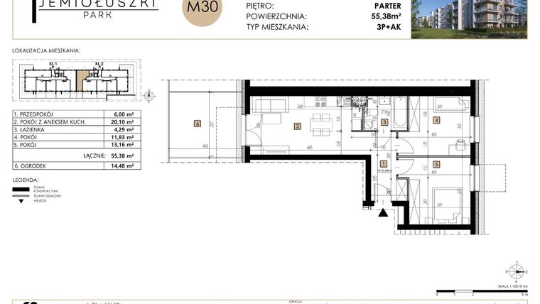 Rzut - Mieszkanie na sprzedaż 3 pokoje o powierzchni 55,38 m² - numer M30 w Jemiołuszki Park