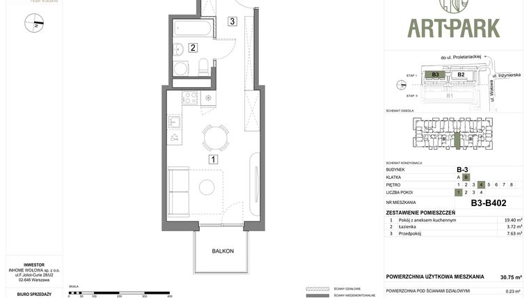 Rzut - Mieszkanie na sprzedaż 1 pokój o powierzchni 30,94 m² - numer B.3.B402 w ArtPark