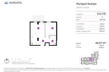 Rzut - Mieszkanie na sprzedaż 2 pokoje o powierzchni 40,37 m² - numer 2.A.1.15 w Murapol Scarpa