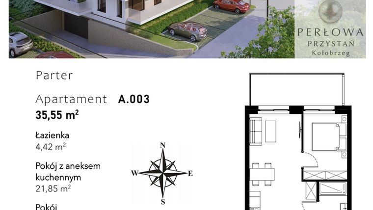 Rzut - Mieszkanie na sprzedaż 2 pokoje o powierzchni 35,55 m² - numer A.003 w Perłowa Przystań - Kołobrzeg - etap II